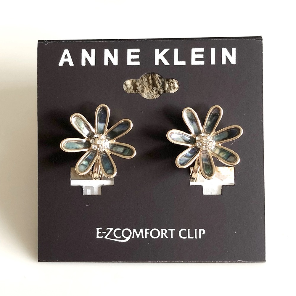 Anne Klein Clip Earrings E-Z Comfort Clip Gold Flower Green Blue Crystal Center